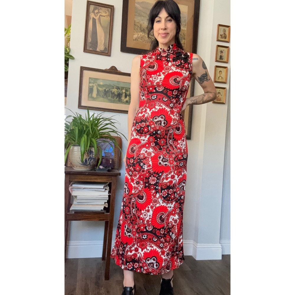 Vintage 60s 70s Psychedelic Paisley Floral Maxi Dress Red Black Mock Neck Gown